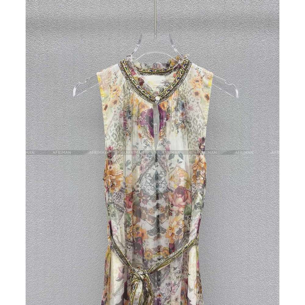 Women Round Neck Sleeveless Retro Print Dia Beaded Lace Up Waist 100% Silk Long Dress