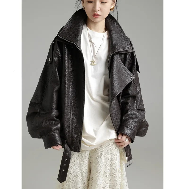 Womens Y2k Jacket Autumn Fashion Street Loose Casual Retro Heavy Double-Layer Collar Profile Jacket Leather Coat Female 241028