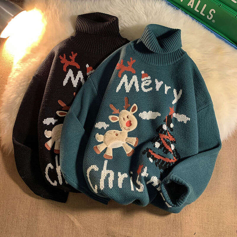 2023 Y2k Elk Turtleneck Christmas Women's Winter Thickened Couple Outfit Trend Lazy Style Versatile Knitwear Sweater