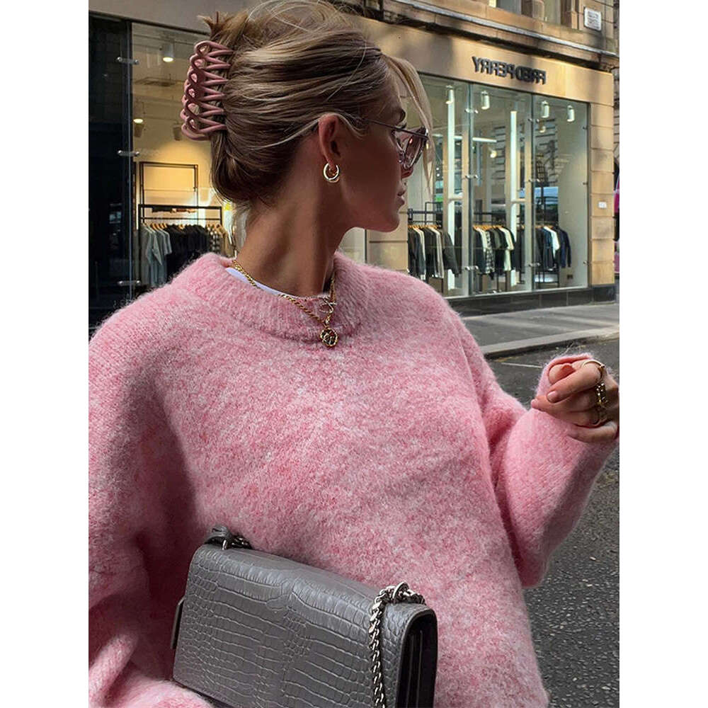 Casual Oversize Pink Women's Cashmere Base Sweater Fashion Long Sleeve Solid Round Collar Pullover 2024 New Lady High Streetwear