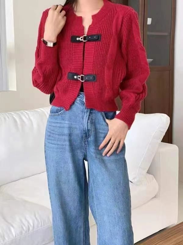 Korean Style Design Leather Buckle Sweater Jacket Women Autumn Winter New Style Personalized And Trendy Round Neck Knitted Cardigan For Women F1028#38