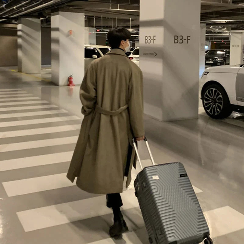 Winter Thickened Woolen Coat Men Warm Fashion Casual Long Woolen Coat Men Korean Loose Oversized Belt Woolen Coat Mens Overcoat 241024