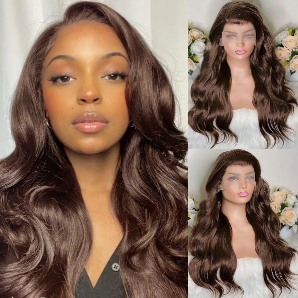 RONGDUOYI Chocolate Dark Brown Long Wavy Synthetic Frontal Wigs for Women Glueless Natural Haire Wave Hair Wig Daily Party