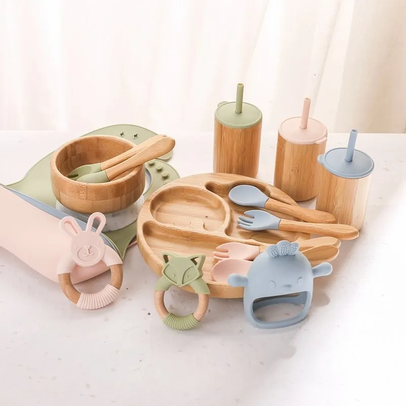 Baby Tableware Set Feeding Bowl Dinner Plate Cup Bibs Spoon Fork Bamboo Wooden Childrens Feeding Dishes Sets BPA Free Non-Slip 241028