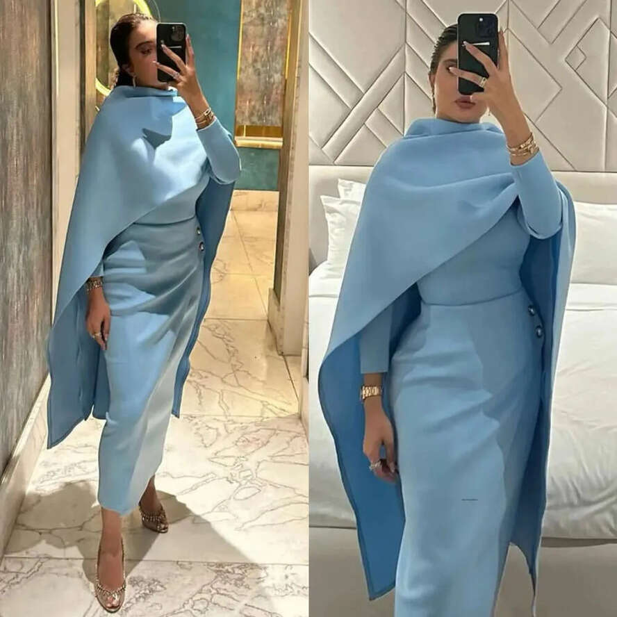Mother Of The Bride Dresses With Cape Sheath Tea Length Prom Gown For Special Ocns Long Sleeve Muslim Formal Dress Evening Gowns 0515