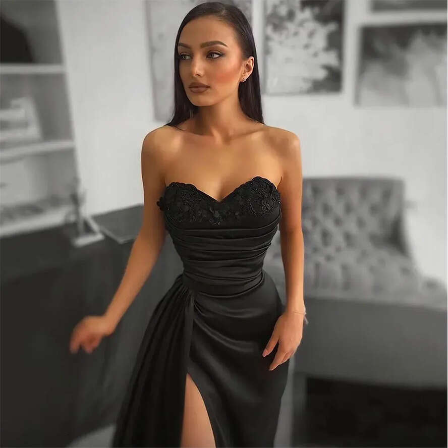 Black Mermaid Satin Evening Dress Sexy Long Sweetheart High Slit Lace Appliques Prom Formal Gown Celebrity Wear Robe De Soiree Vestidos Fiesta 0509