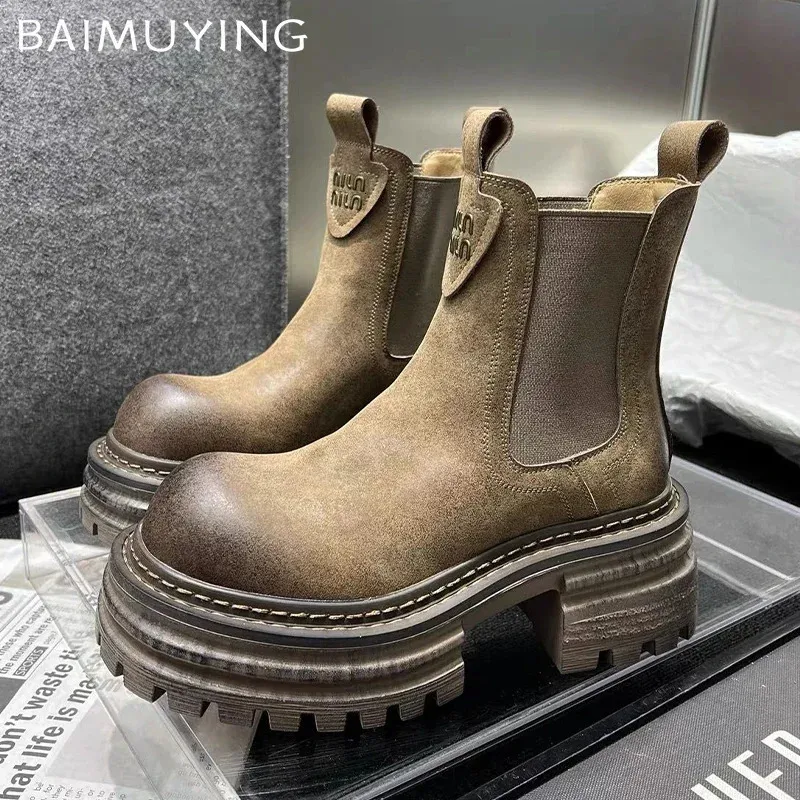 Womens ankle snow with platform soles Mid-heel fashion leather shoes womens Winter trend casual Goth style Knight boots Botas Mujer 241118