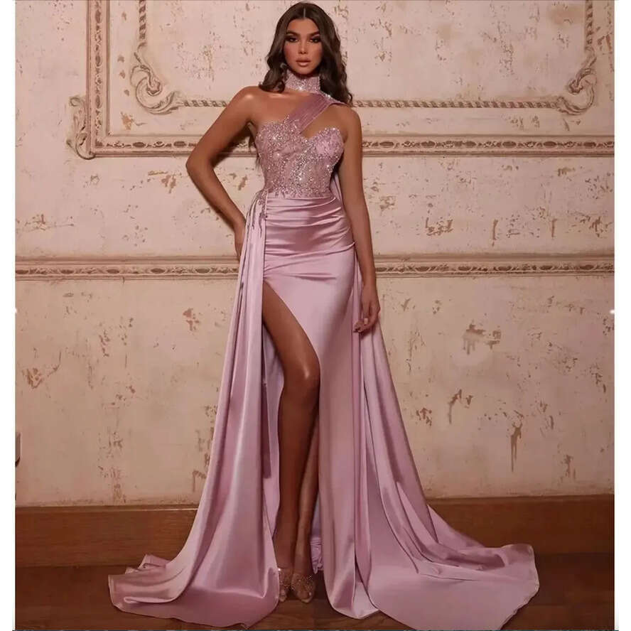 Pink Sparkg Mermaid Prom Dress Sleeveless Bg Sequins Satin Side Slit Halter One Shoulder Sweep Length Vestido De Novia