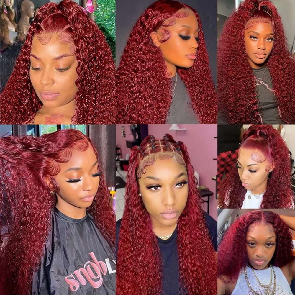 Burgudny Red Kinky Curly Human Hair Wigs Deep Wave x HD Lace Frontal J Front Wig For Women