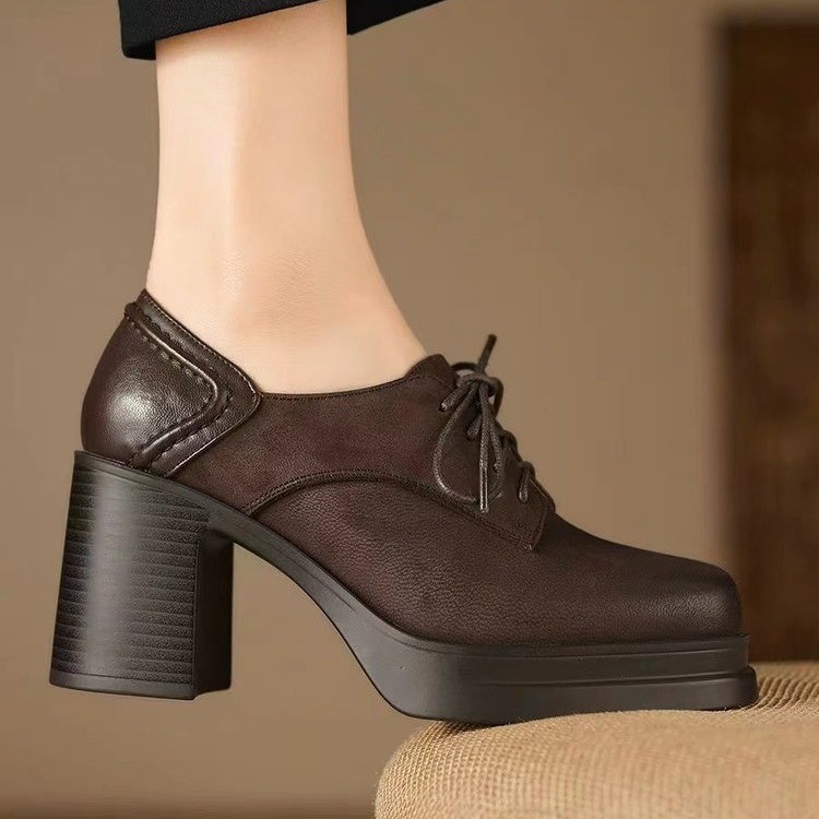 Women Fashion High Heel:Retro Style Chunky Heel Increase Height British Style Square Toe,Black/Brown,Free shipping