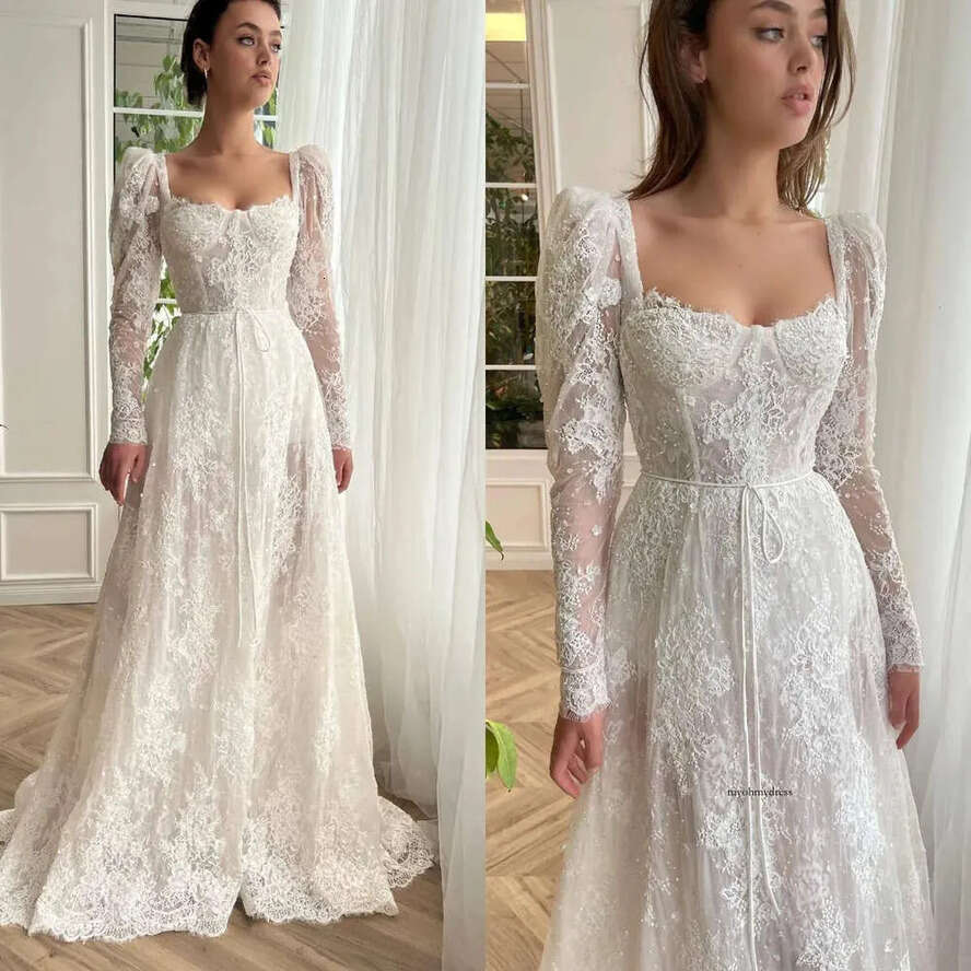 Fashion Lace A E Dresses Square Neck Long Sleeves Wedding Dress Sweep Train Designer Bridal Gowns 0515
