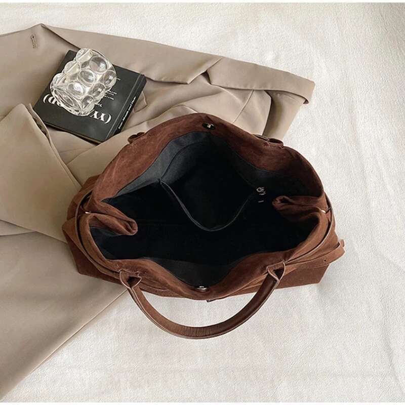 Trendy Autumn Brown Tote Women's Retro Suede Large Capacity Shoulder Belt Buckle Design Ladies Underarm Commuter Bag