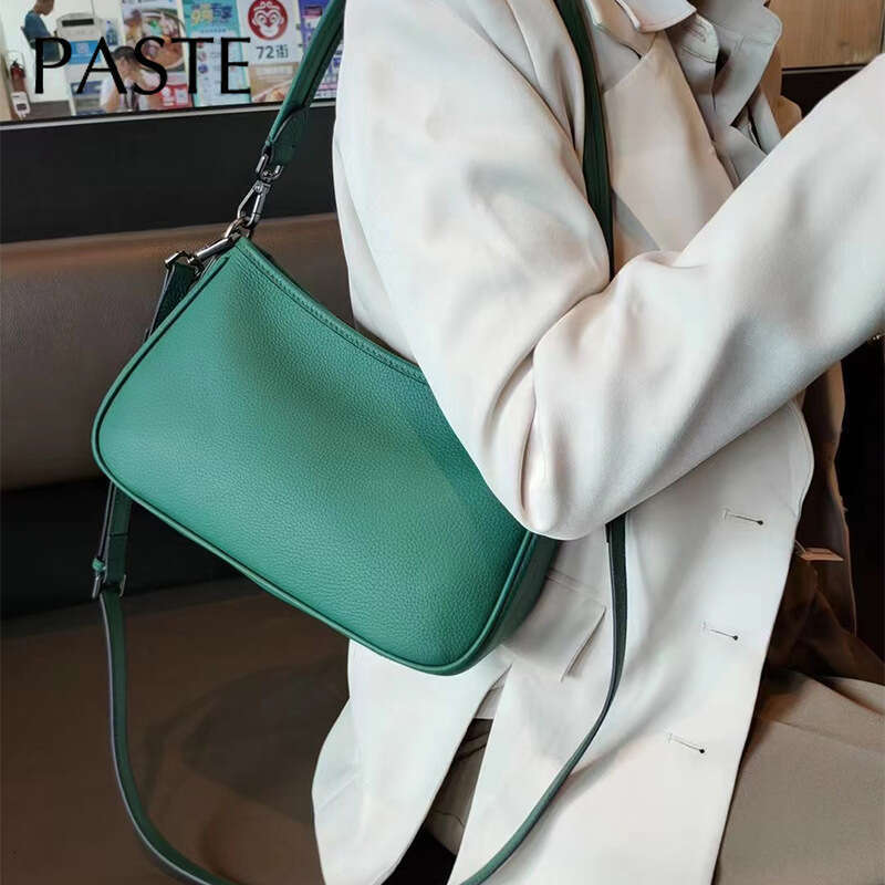 2024 Daily-Use Niche Style Thick Cow Leather Women Shoulder Simple Green Fashion Armpit Bag High Qulaity Handbag