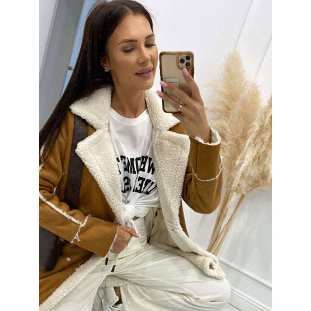Lambs Wool Coat Women Fleece Jackets Casual Laple Patchwork Thicken Long Sleeve Female Top 2024 Autumn Winter Lady Streetwears