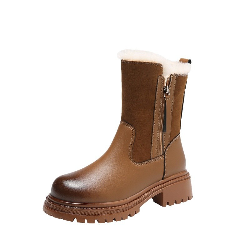 Women's Winter Boots: Fleece ed, Versatile Design, Round Toe Chunky Heel Martin Boots in Black/Brown, Free Shipping 52fa