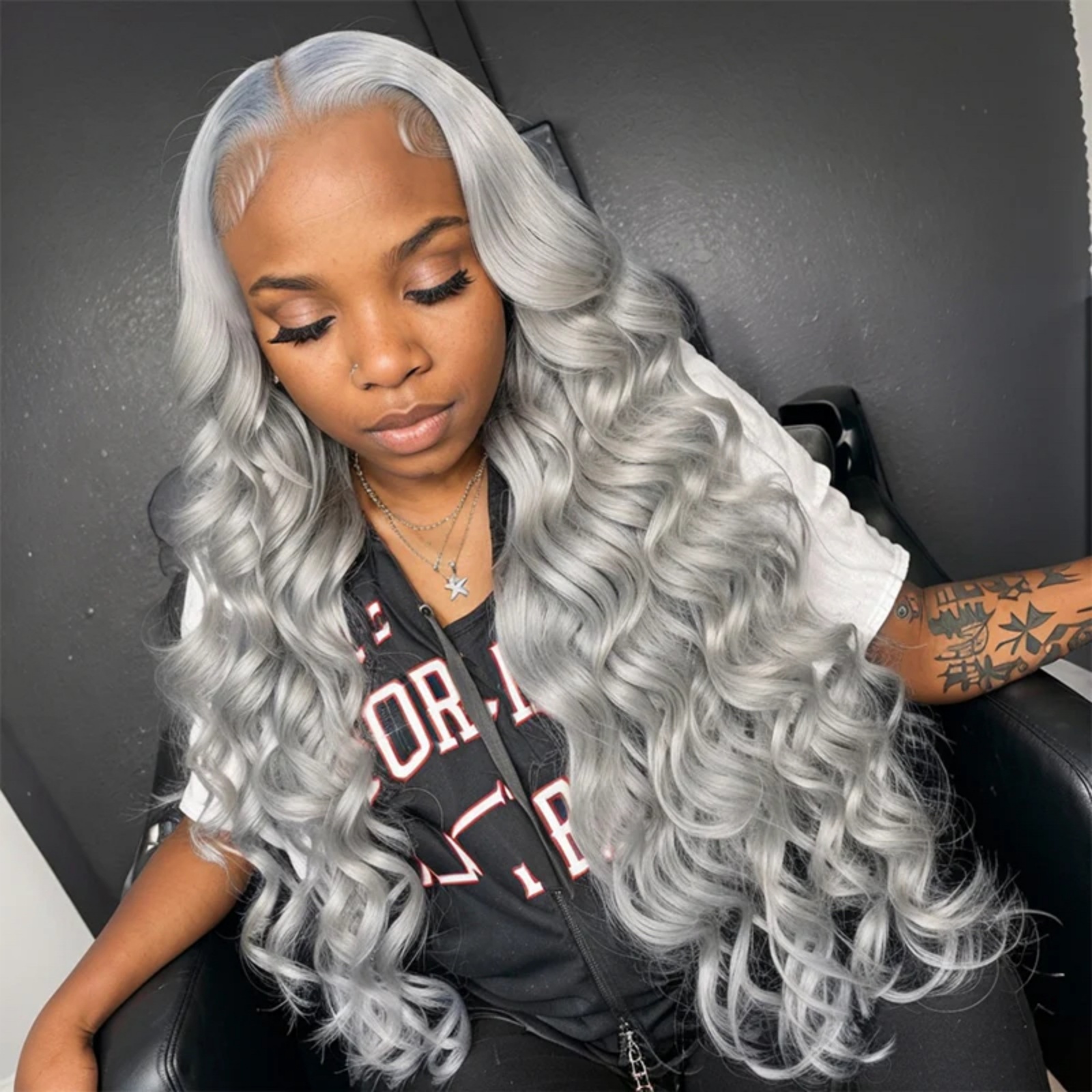 Loose Synthetic Sier Front Wig Glueless Long Grey Curly Hair Lace Frontal Wigs for Women