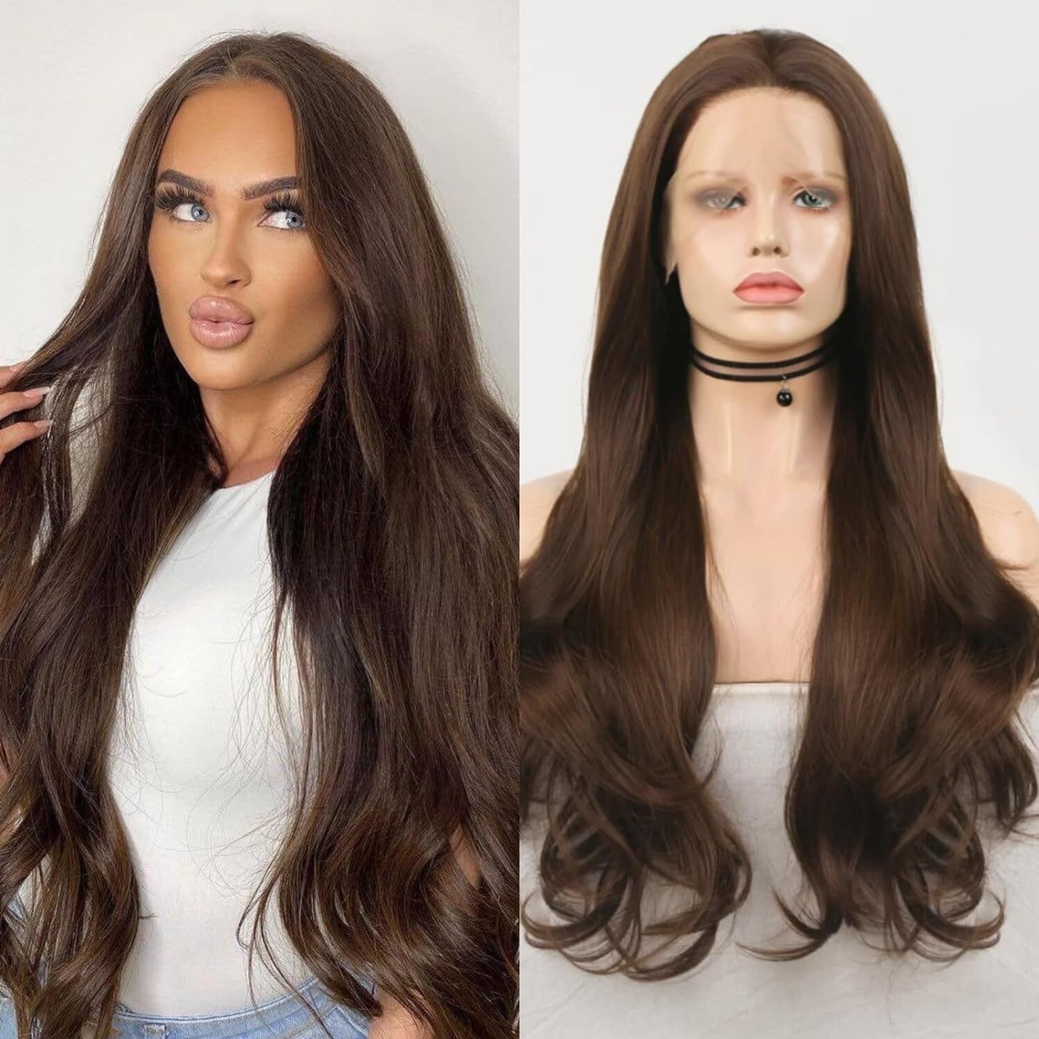 RDY Chocolate Natural Wavy Synthetic Front Wig Glueless Brunette Dark Brown Colored Frontal Lace Wigs for Women