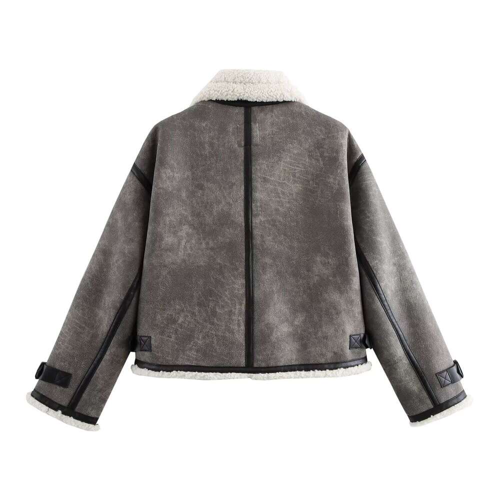 TRAFZA Women Fall Winter Fleece Ed Lapel Beltloops New 2024 Fashion Classic Street Vintage Jacket Coat