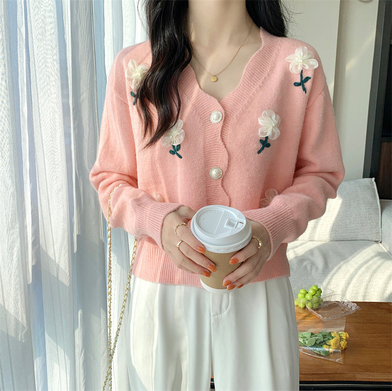 Autumn And Winter New Soft Glutinous College Style Small Sweater Jacket Women Korean Three Dimensional Flower Knitted Cardigan For Women F1028#40