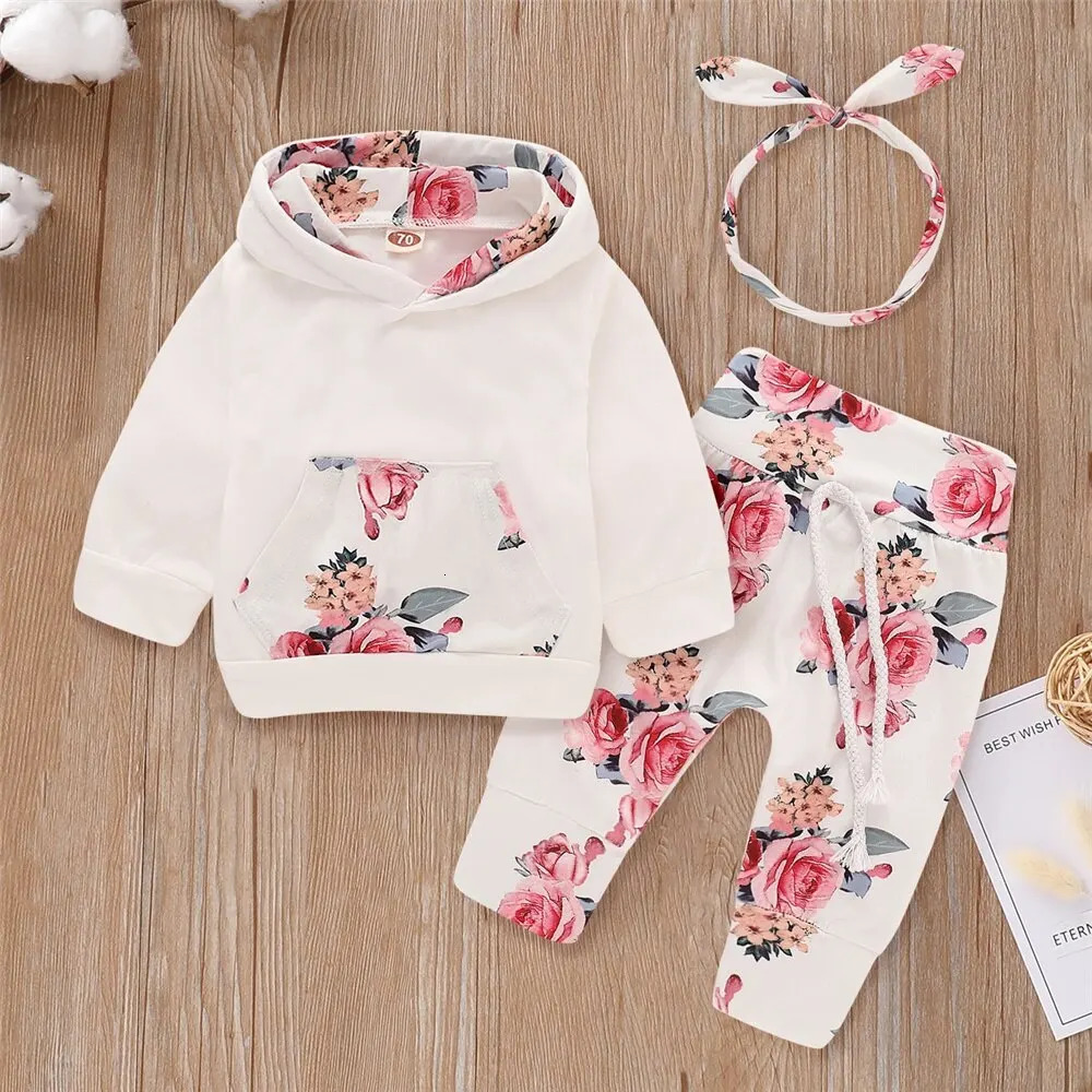 0-18 Months Toddler Baby Girl 3PCS Hooded Clothes Set Flowers Print Long Sleeve TopPantBowknot Headband Fashion Autumn Outfit 241028
