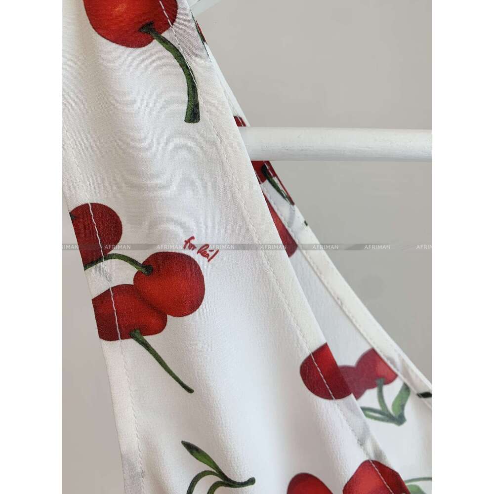 Women Sexy Deep V Neck Sleeveless Red Cherry Print Mini Silk Dress