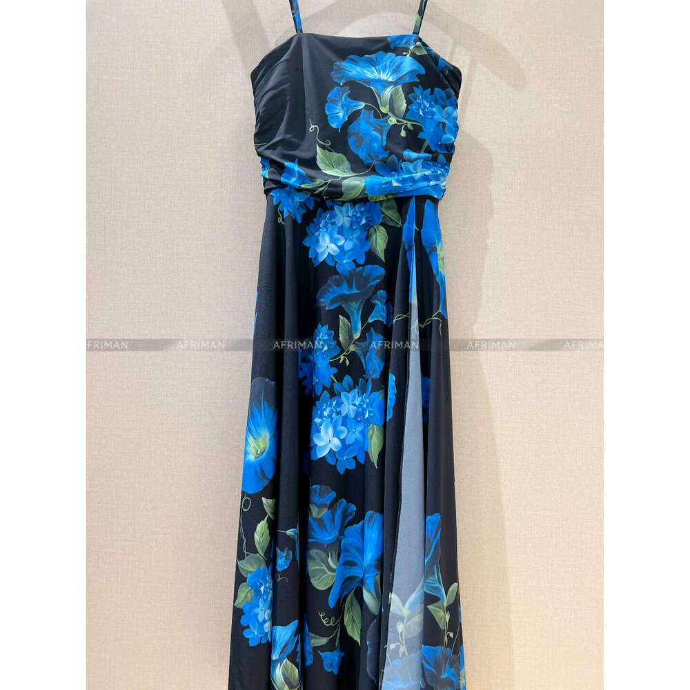 Women Blue Morning Glory Hyacinth Positioning Print Strapless Suspender High Waisted Dress