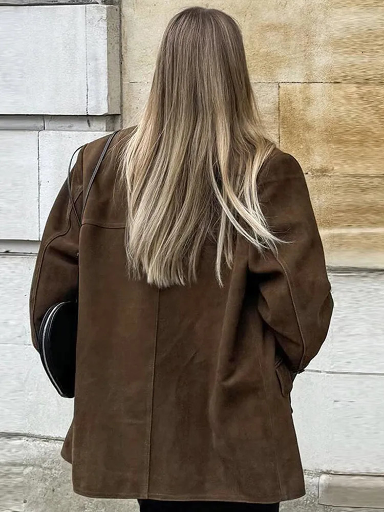Retro suede jacket womens casual loose V-neck single chest jacket womens autumn winter fashion solid jacket women 241025