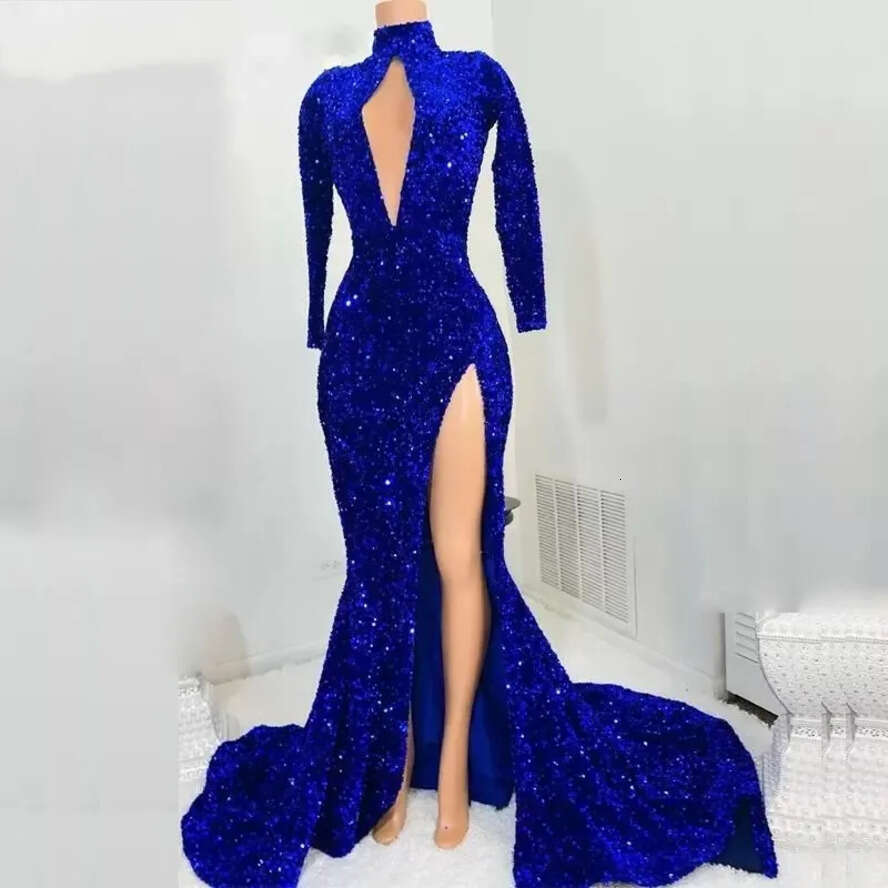 2024 Sexy Royal Blue Dresses High Neck Keyhole Sequined Lace Sequins Sparkly Mermaid Side Split Long Sleeves Evening Dress Prom Gowns Or Length 0513