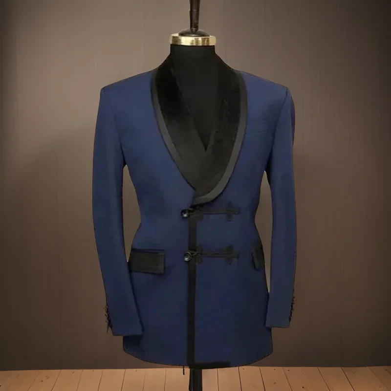 Double Breasted Men's Suit Blazer for Wedding Slim Fit Jacket with Mandarin Buttons for Groom Tuxedo Shawl Lapel Jacket