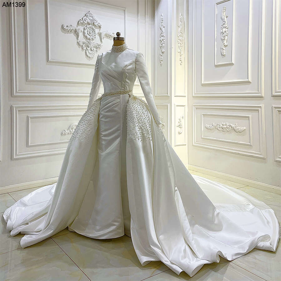 Long Sleeve High neck For Mulism Bride 2 In 1 Stain Mermaid Wedding Dress