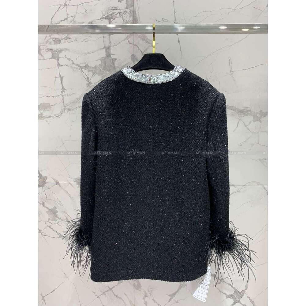New Dia Beaded V Neck Ostrich Feather Decoration Long Sleeve Women Loose Woolen Dress