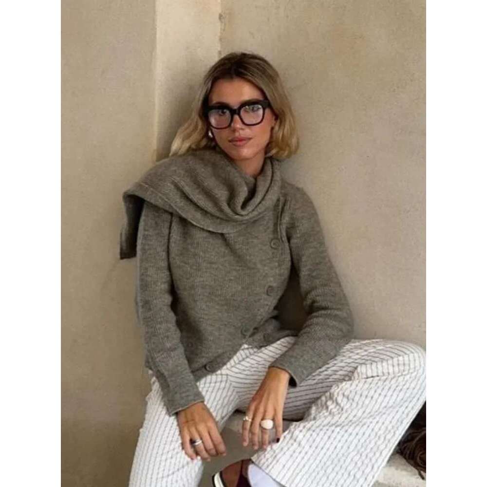 2024 Warm Scarf Collar Knitted Sweater Women Chic Single Breasted Full Sleeve Loose Cardigan Autumn Casual Lady High Streetwear