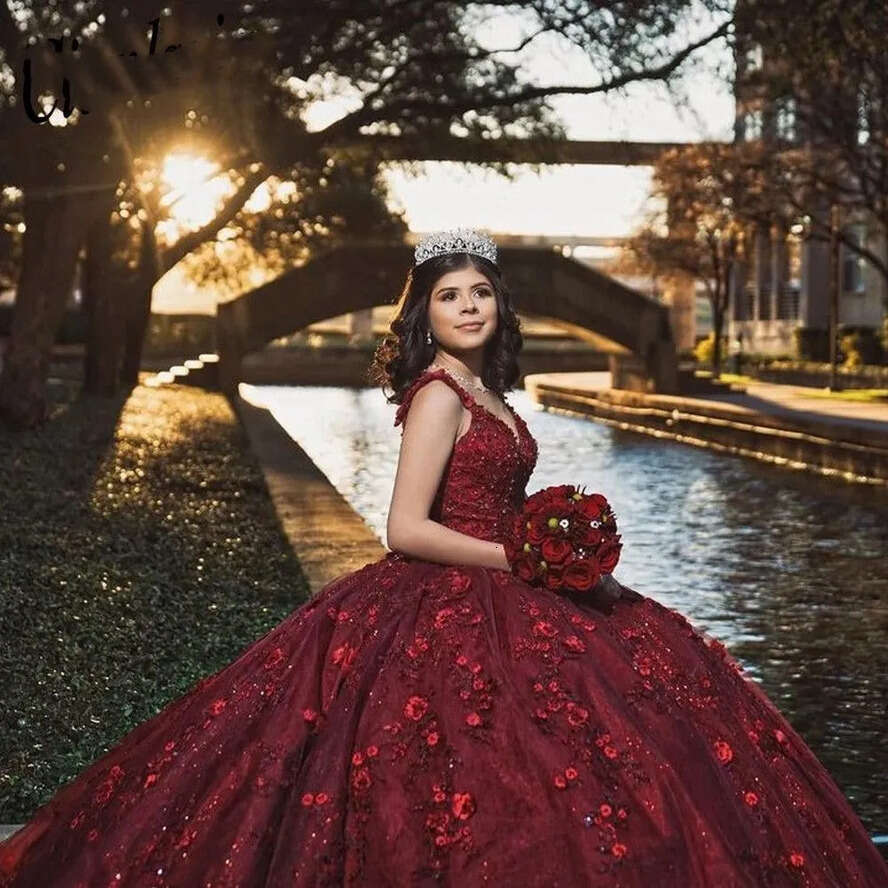2024 Bury Sexy Quinceanera Dresses V Neck Lace Appliques 3D Ral Wers Crystal Beads Sweet 16 Dress Vestidos De 15 Prom Party Gowns 0513