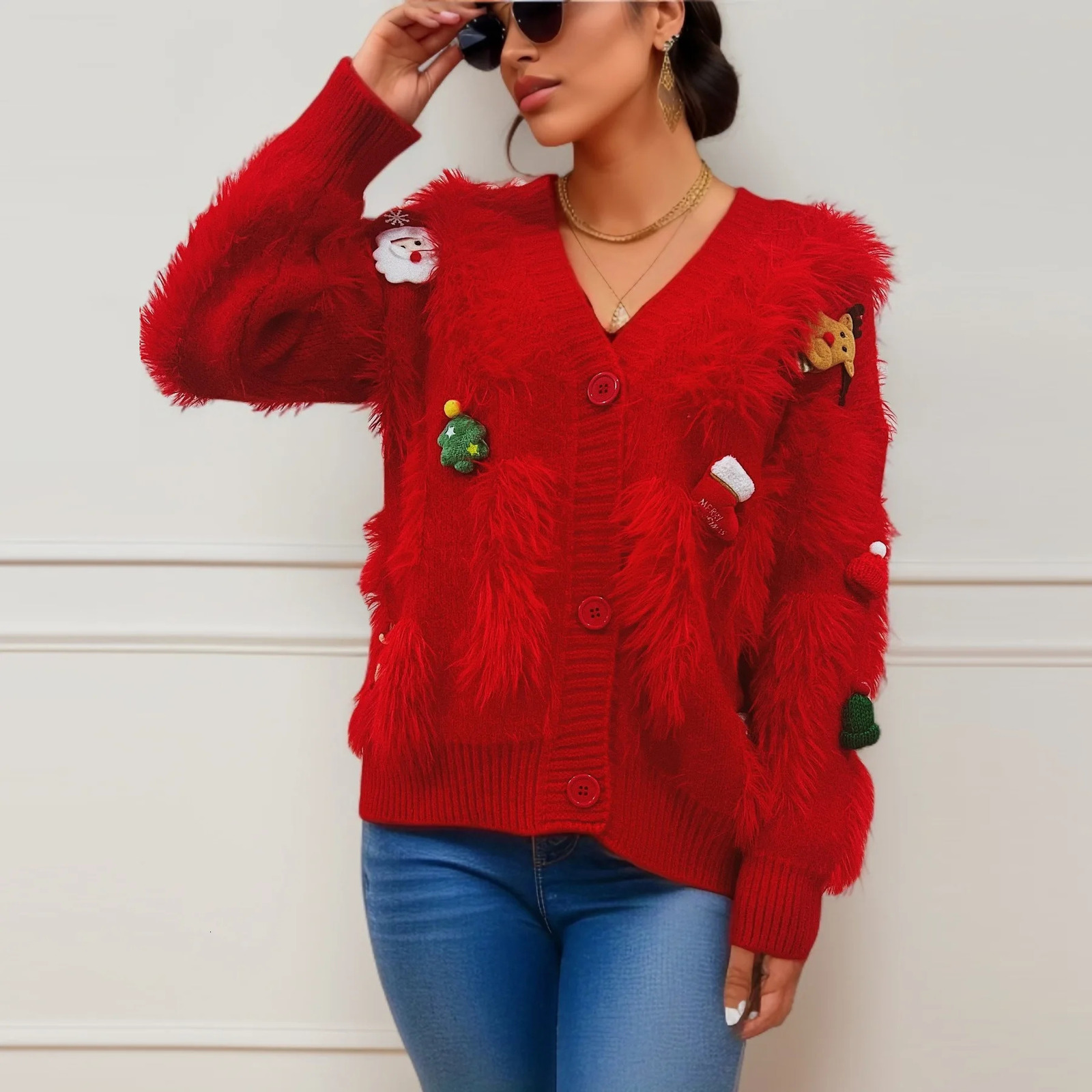 Sweet Year Christmas faux mink cute decoration single chest cardigan jacket autumn winter festival Versatile Top 241025
