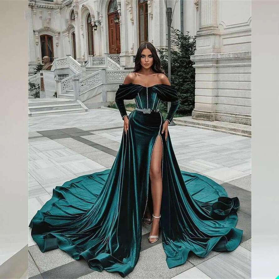 2022 New Year Sexy Mermaid Evening Dresses V Neck Long Sleeve Sweep Train Thigh-High Slits Perals Veet Formal Prom Celebrity Dress Party Gowns Vestido