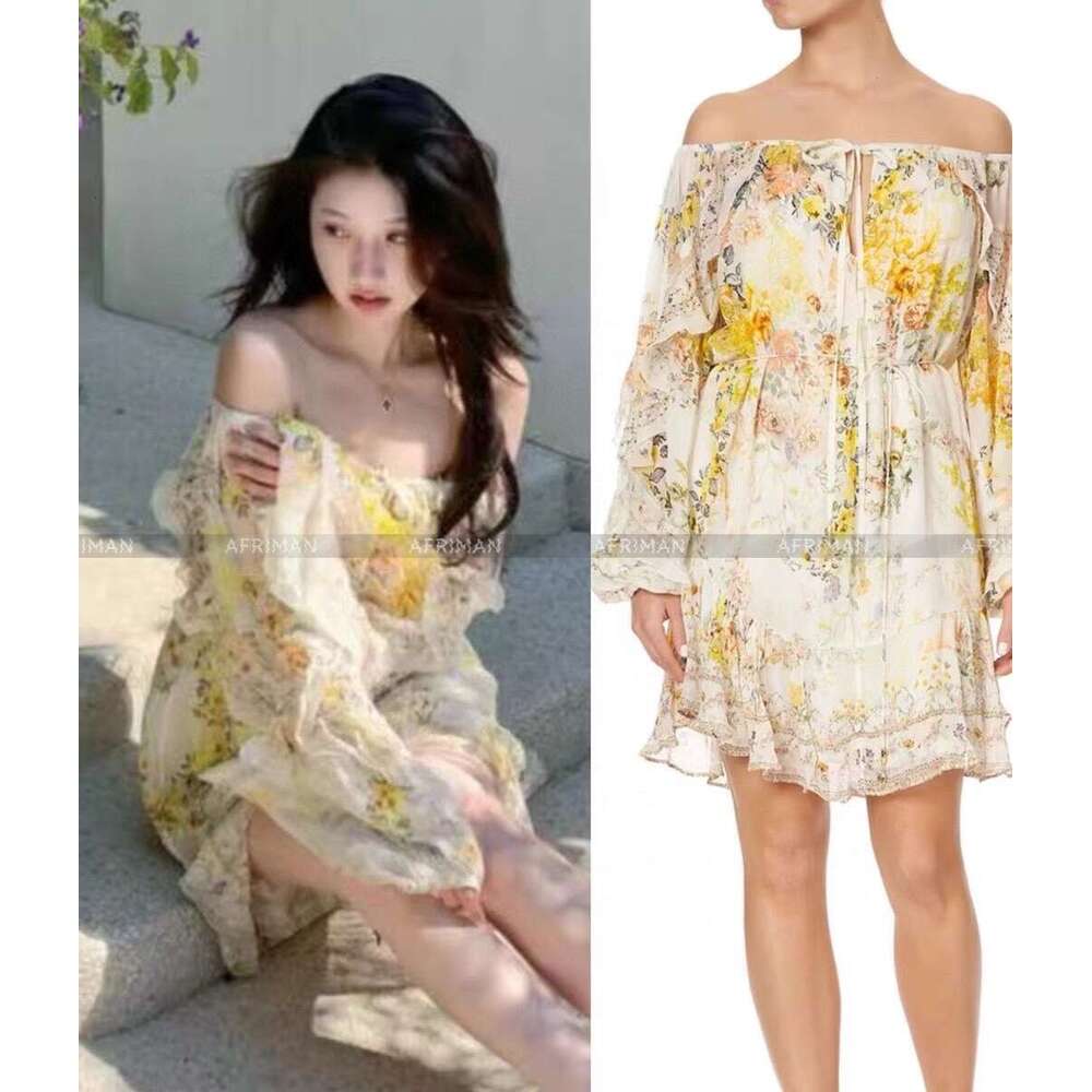 Women New V Neck Dia Beaded Ruffles Flare Sleeve Yellow Wer Print 100% Silk Loose Mini Dress