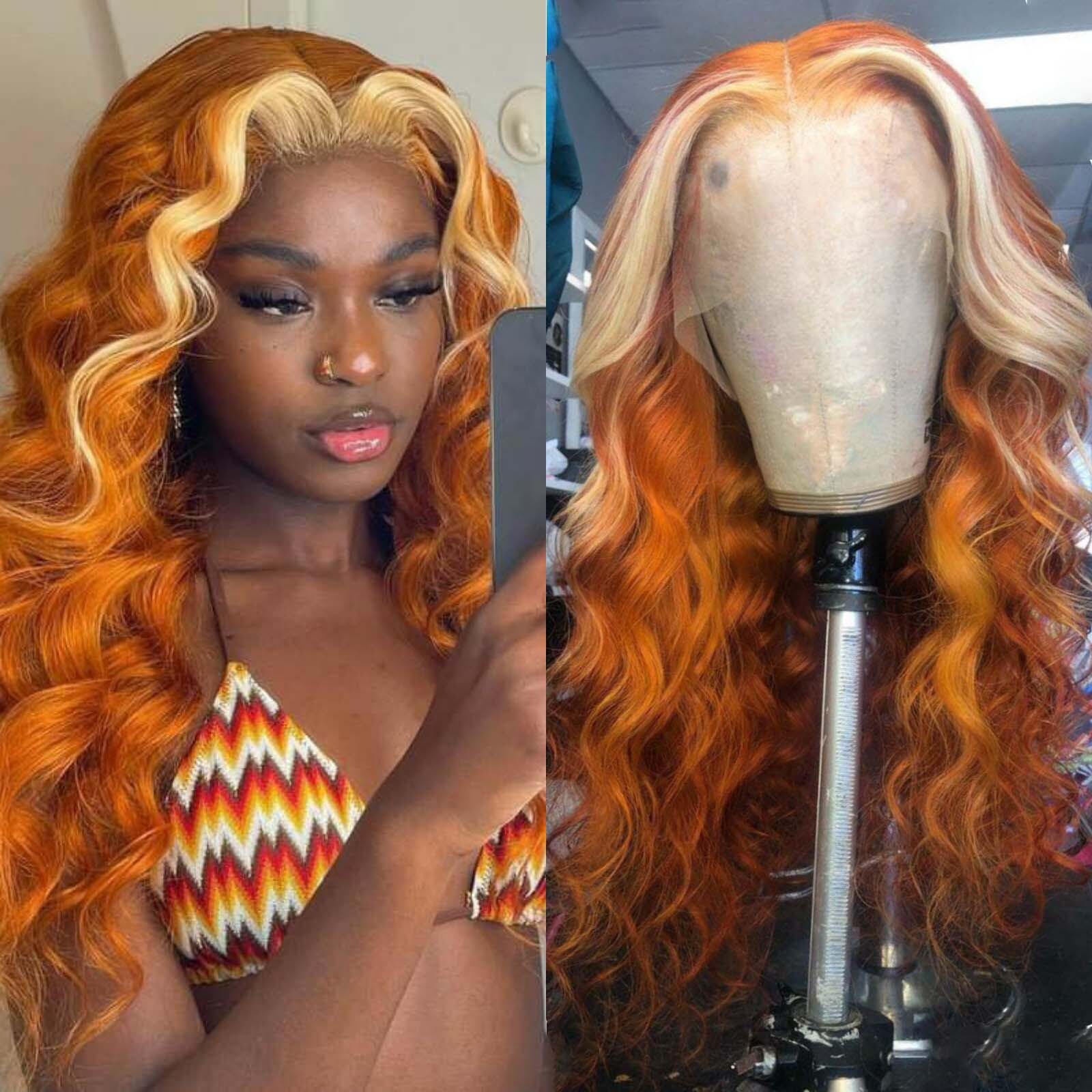 Ginger with Blonde Highlights Synthetic Lace Front Wig Loose Deep Long Curly Wavy Hair 13X4 Frontal Wigs for Women Party