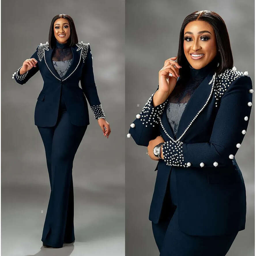 Size Plus Beads Women Pant Suit Slim Fit Pearls Blazer Top Sets Ladies Party Fashion Pieces Custom Made Outfits Bc