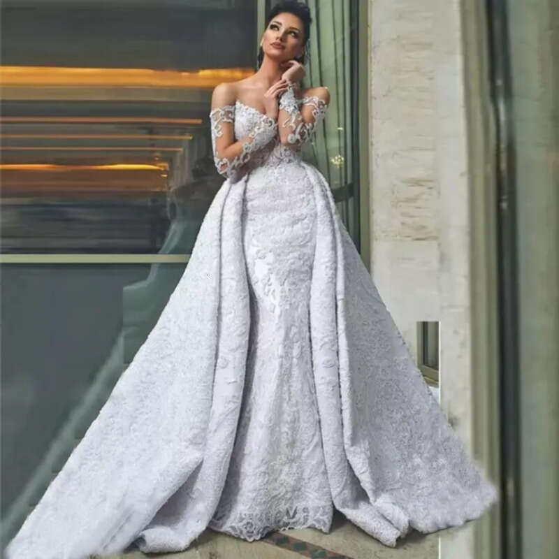 2022 Elegant Full Lace Mermaid Wedding Gowns With Detachable Train Off The Shoulder Beaded Appliqued Bridal Gown Custom Made Robe De