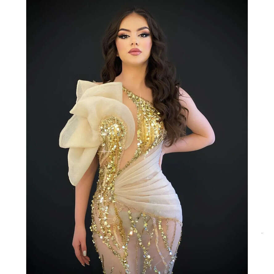 Mermaid Gold Prom Dresses Sleeveless V Neck Appliques One Shoulder Sequins Sexy Or Length Bed Hollow D Lace Evening Dress Bridal Gowns Plus Size Custo