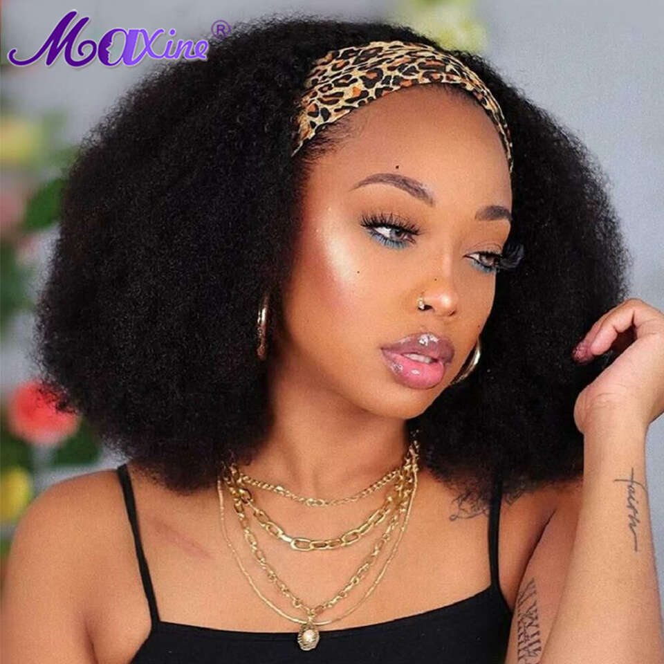 Afro Kinky Curly Headband Wig Human Hair Maxine Bob Wigs Female HeadBand Full Head Band Scarf