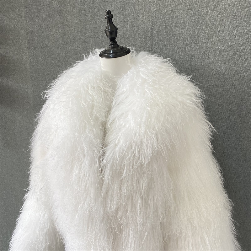 Mongolian Fur Lapel Jacket Women Elegant White Fluffy Solid Thicken Warm Long Sleeves Coats Winter Chic Oversize Lady