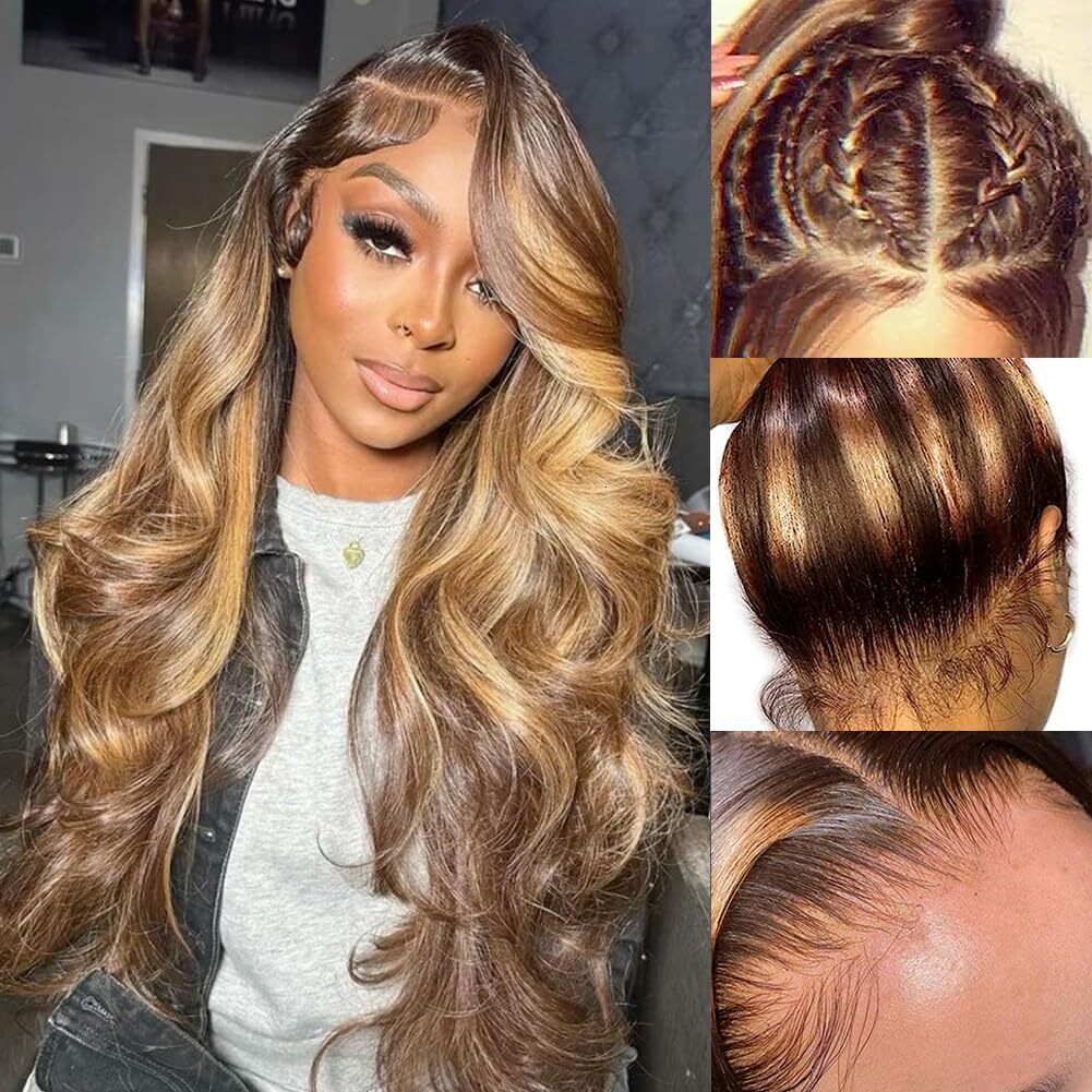 FABA 32 Inch 4/27 Highlight Body Wave Wigs 360 HD Full Lace Wig Human Pre Plucked with Baby Hair For Women 180% Density