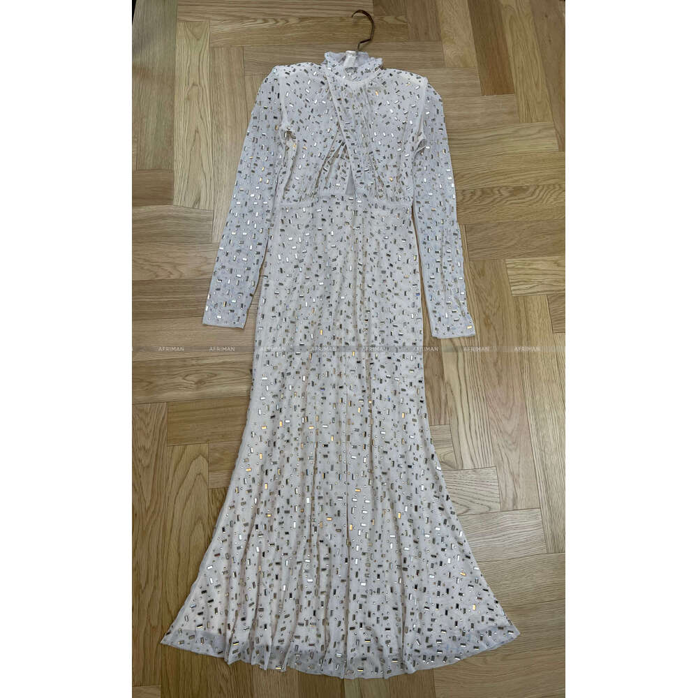 Women Stand Collar Long Sleeve Dia Beaded Tailored Temperament Party Wear Trumpet Dress