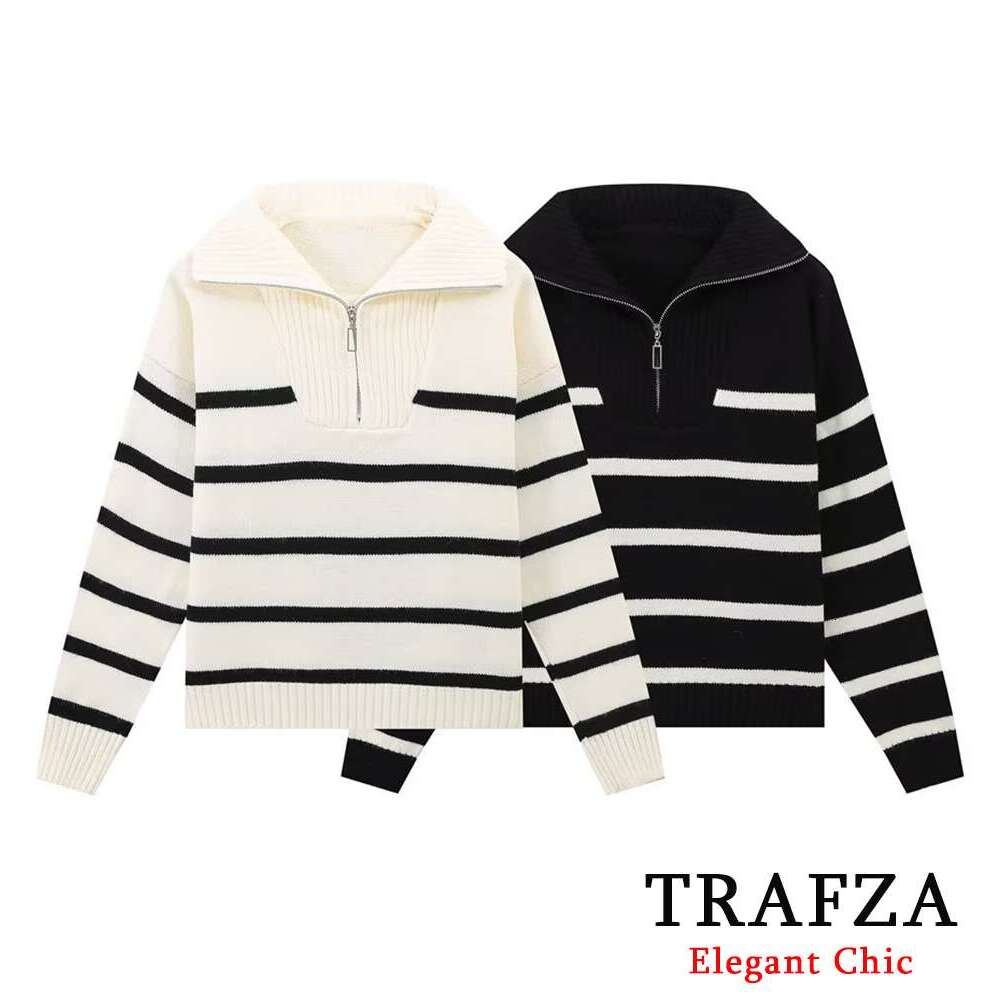 TRAFZA Women Fashion Striped Knitted Zipper Mock Neck Long Sleeve New 2024 Spring Fall Casual Versatile Sweater