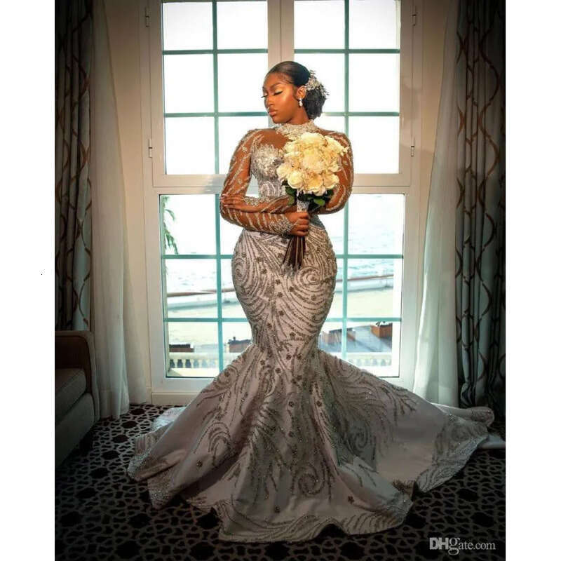 Crystal Mermaid Wedding Dress Illusion High Neck Long Sleeve Plus Size Bridal Gowns Beads Bride Dresses Robes De Mariee