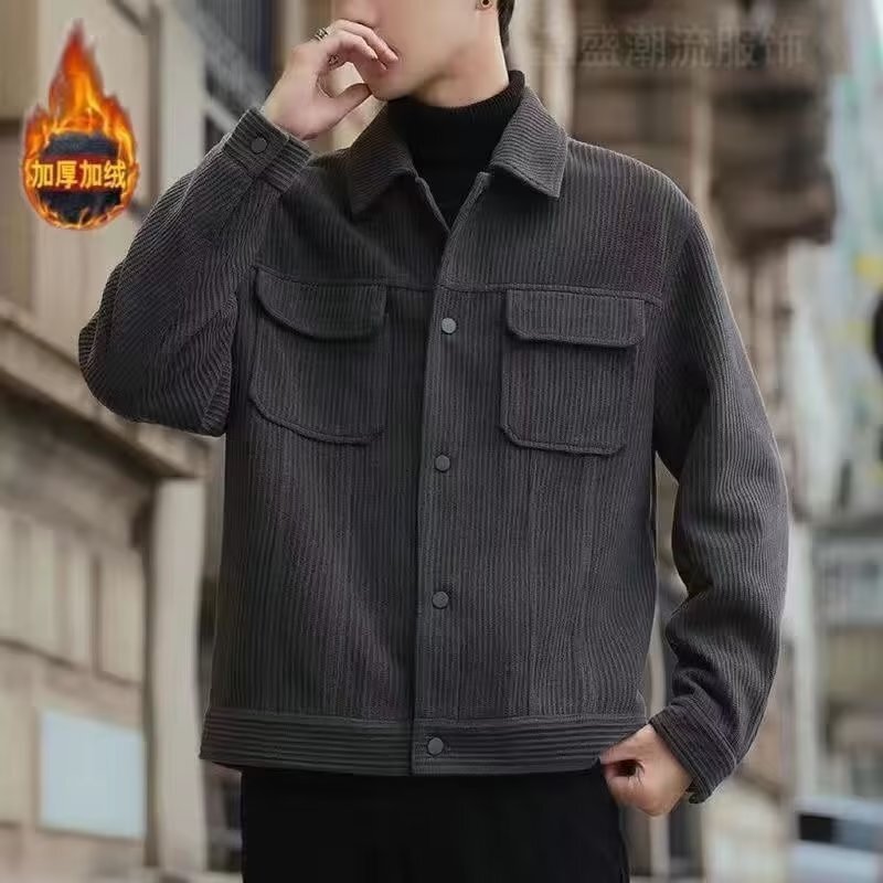 2024 new designer autumn and winter casual corduroy workwear with lapel, Korean fashion men's plush thick jacket