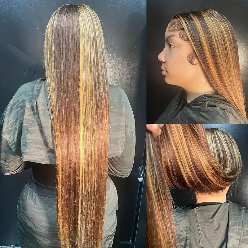 5x5 Highlight Glueless P4/27 Straight Front Human Hair Wigs Pre Cut Honey Blonde Colored 13x6 Lace Frontal Wig