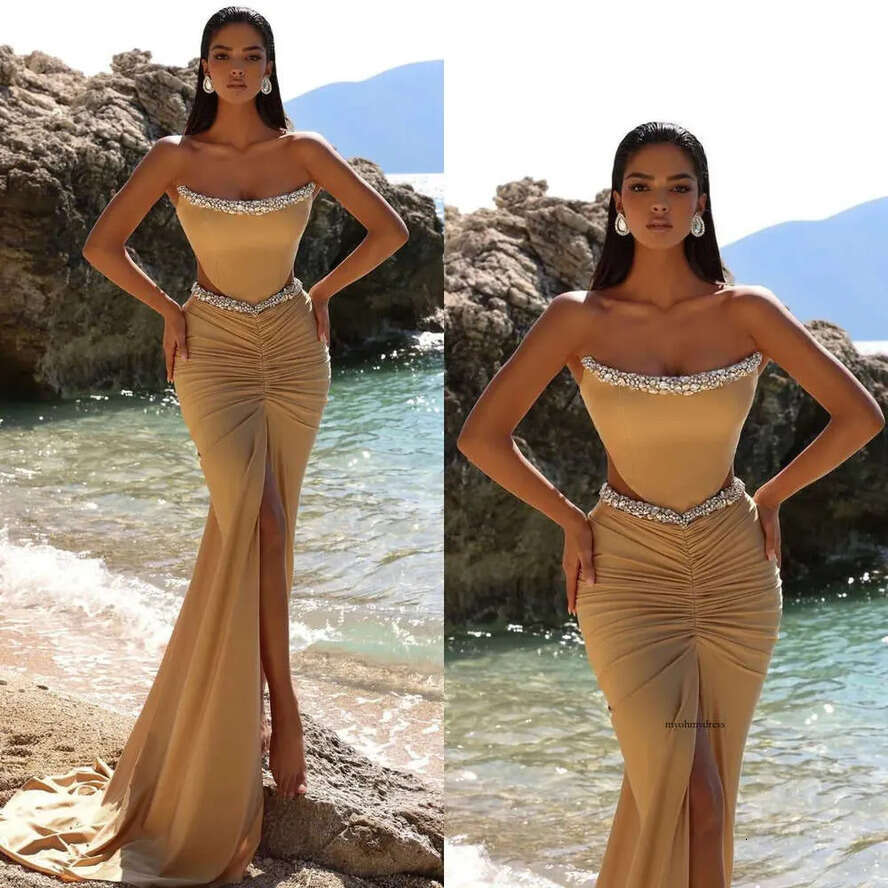 Elegant Champagne Mermaid Evening Dresses Beads Strapless Party Prom Cutaway Sides Pleats Long Dress For Special Ocn 0515