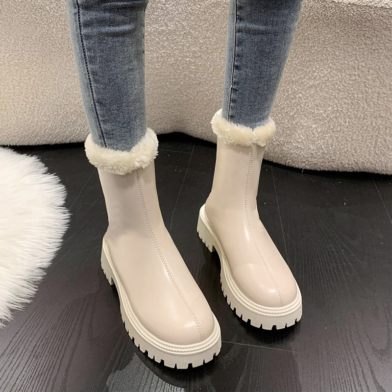 Women Fashion Boots:Thick Sole Winter Trendy Wear Fleece Warm Simple Design Versatile Comfort,Black/Beige,Free shipping